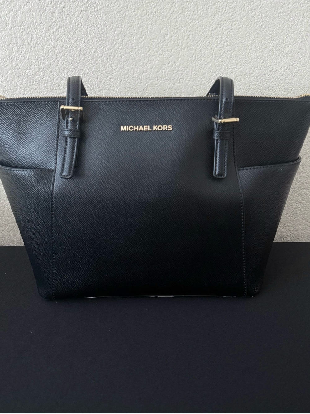 Michael Kors Black Leather Tote with Gold Hardware
